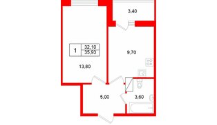 Квартира в ЖК Полис Лаврики, 1 комнатная, 32.1 м², 10 этаж