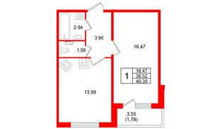 Квартира в ЖК Аро, 1 комнатная, 40.3 м², 1 этаж