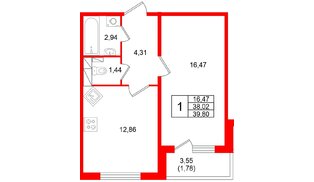 Квартира в ЖК Аро, 1 комнатная, 39.8 м², 2 этаж