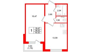 Квартира в ЖК Аро, 1 комнатная, 40.3 м², 1 этаж
