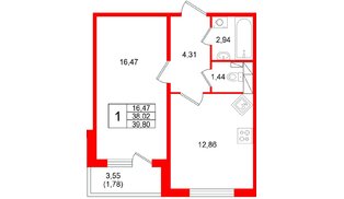 Квартира в ЖК Аро, 1 комнатная, 39.8 м², 2 этаж