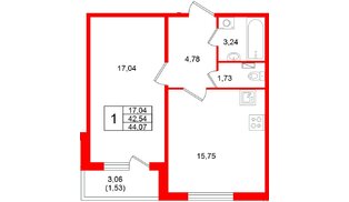 Квартира в ЖК Аро, 1 комнатная, 44.07 м², 1 этаж