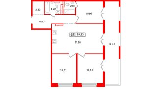 Квартира в ЖК Символист, 3 комнатная, 89.83 м², 7 этаж