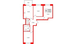 Квартира в ЖК «М36», 3 комнатная, 77.7 м², 11 этаж