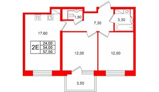 Квартира в ЖК «М36», 2 комнатная, 57.5 м², 8 этаж