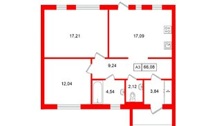 Квартира в ЖК СветЛО, 2 комнатная, 66.08 м², 1 этаж
