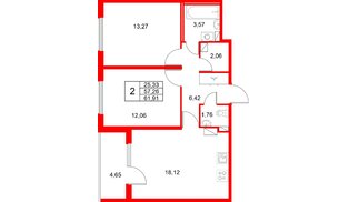 Квартира в ЖК «Любоград», 2 комнатная, 61.91 м², 2 этаж
