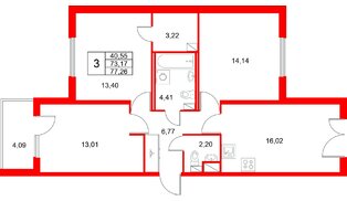 Квартира в ЖК «Любоград», 3 комнатная, 77.26 м², 4 этаж