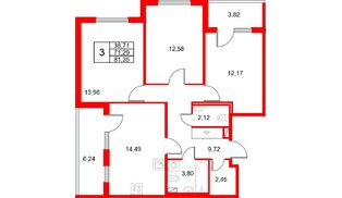 Квартира в ЖК «Любоград», 3 комнатная, 81.35 м², 1 этаж