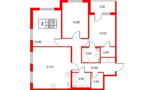 Квартира в ЖК «Любоград», 3 комнатная, 86.57 м², 2 этаж