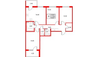 Квартира в ЖК «Любоград», 3 комнатная, 85.07 м², 3 этаж