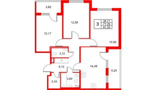 Квартира в ЖК «Любоград», 3 комнатная, 81.35 м², 1 этаж
