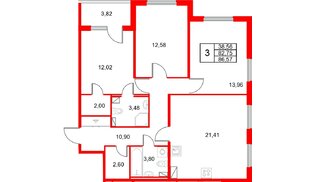 Квартира в ЖК «Любоград», 3 комнатная, 86.57 м², 2 этаж