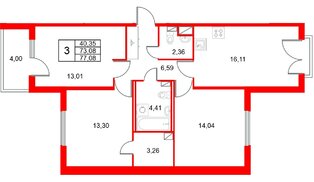 Квартира в ЖК «Любоград», 3 комнатная, 77.08 м², 4 этаж