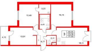Квартира в ЖК «Любоград», 3 комнатная, 77.33 м², 3 этаж