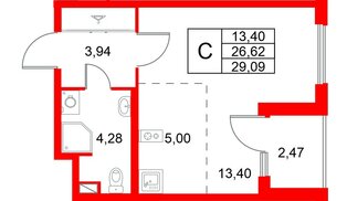 Квартира в ЖК «Любоград», студия, 29.09 м², 1 этаж
