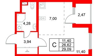 Квартира в ЖК «Любоград», студия, 29.09 м², 1 этаж