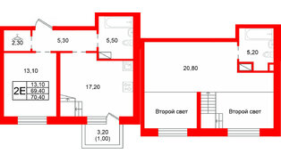 Квартира в ЖК «Шотландия», 1 комнатная, 69.4 м², 3 этаж