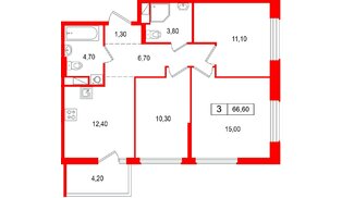 Квартира в ЖК «Янила Форест», 3 комнатная, 66.6 м², 4 этаж