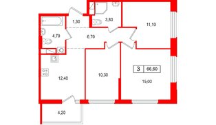 Квартира в ЖК «Янила Форест», 3 комнатная, 66.6 м², 6 этаж