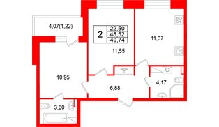 Квартира в ЖК «Аквилон РекаПарк», 2 комнатная, 49.74 м², 7 этаж