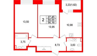 Квартира в ЖК «Аквилон РекаПарк», 2 комнатная, 56.16 м², 9 этаж