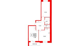 Квартира в ЖК «Аквилон РекаПарк», 2 комнатная, 70.36 м², 2 этаж