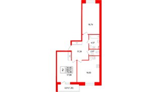 Квартира в ЖК «Аквилон РекаПарк», 2 комнатная, 70.36 м², 8 этаж