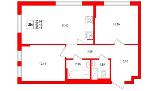 Квартира в ЖК «Новое Колпино», 2 комнатная, 53.43 м², 11 этаж