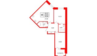 Квартира в ЖК «Аквилон РекаПарк», 2 комнатная, 76.08 м², 1 этаж