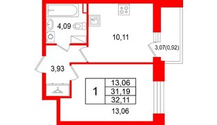 Квартира в ЖК «Аквилон РекаПарк», 1 комнатная, 32.11 м², 4 этаж