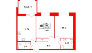 Квартира в ЖК «Аквилон РекаПарк», 2 комнатная, 51.74 м², 6 этаж