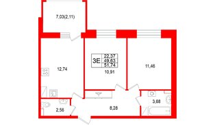 Квартира в ЖК «Аквилон РекаПарк», 2 комнатная, 51.74 м², 8 этаж