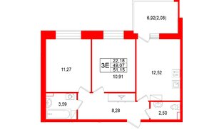 Квартира в ЖК «Аквилон РекаПарк», 2 комнатная, 51.15 м², 4 этаж