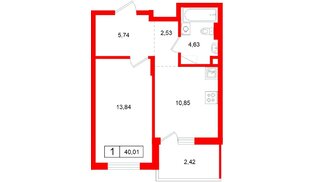 Квартира в ЖК Левел Мечникова, 1 комнатная, 40.01 м², 4 этаж