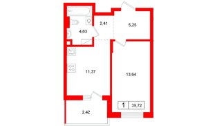 Квартира в ЖК Левел Мечникова, 1 комнатная, 39.72 м², 2 этаж