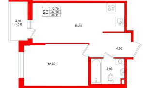 Квартира в ЖК «Имена», 1 комнатная, 38.11 м², 2 этаж