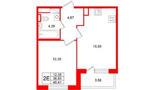 Квартира в ЖК «Югтаун», 1 комнатная, 36.83 м², 2 этаж