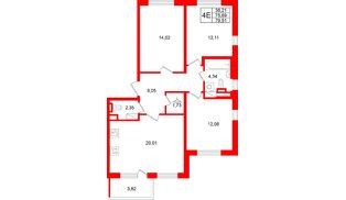 Квартира в ЖК «Югтаун», 3 комнатная, 75.69 м², 2 этаж