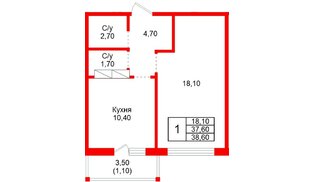 Квартира в ЖК «Рябиновый сад», 1 комнатная, 37.6 м², 1 этаж