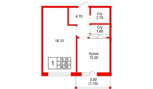 Квартира в ЖК «Рябиновый сад», 1 комнатная, 37.5 м², 1 этаж