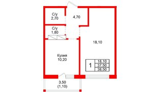 Квартира в ЖК «Рябиновый сад», 1 комнатная, 37.5 м², 2 этаж