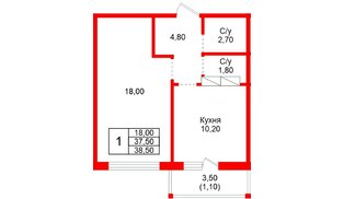 Квартира в ЖК «Рябиновый сад», 1 комнатная, 37.5 м², 2 этаж