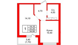 Квартира в ЖК «Рябиновый сад», 1 комнатная, 33.2 м², 1 этаж