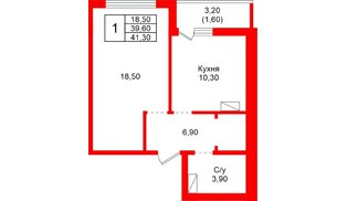 Квартира в ЖК «Рябиновый сад», 1 комнатная, 39.6 м², 1 этаж