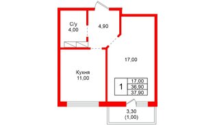 Квартира в ЖК «Рябиновый сад», 1 комнатная, 36.9 м², 1 этаж