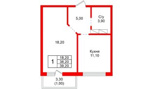 Квартира в ЖК «Рябиновый сад», 1 комнатная, 38.2 м², 2 этаж