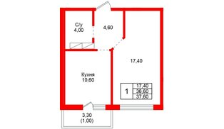 Квартира в ЖК «Рябиновый сад», 1 комнатная, 36.6 м², 1 этаж