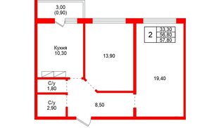 Квартира в ЖК «Рябиновый сад», 2 комнатная, 56.8 м², 1 этаж