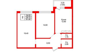 Квартира в ЖК «Рябиновый сад», 2 комнатная, 59.7 м², 1 этаж